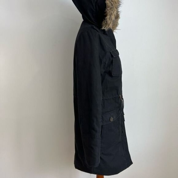 Elvine Women’s Small Black Long Overcoat Parka Jacket Faux Fur Hooded - Picture 3 of 10